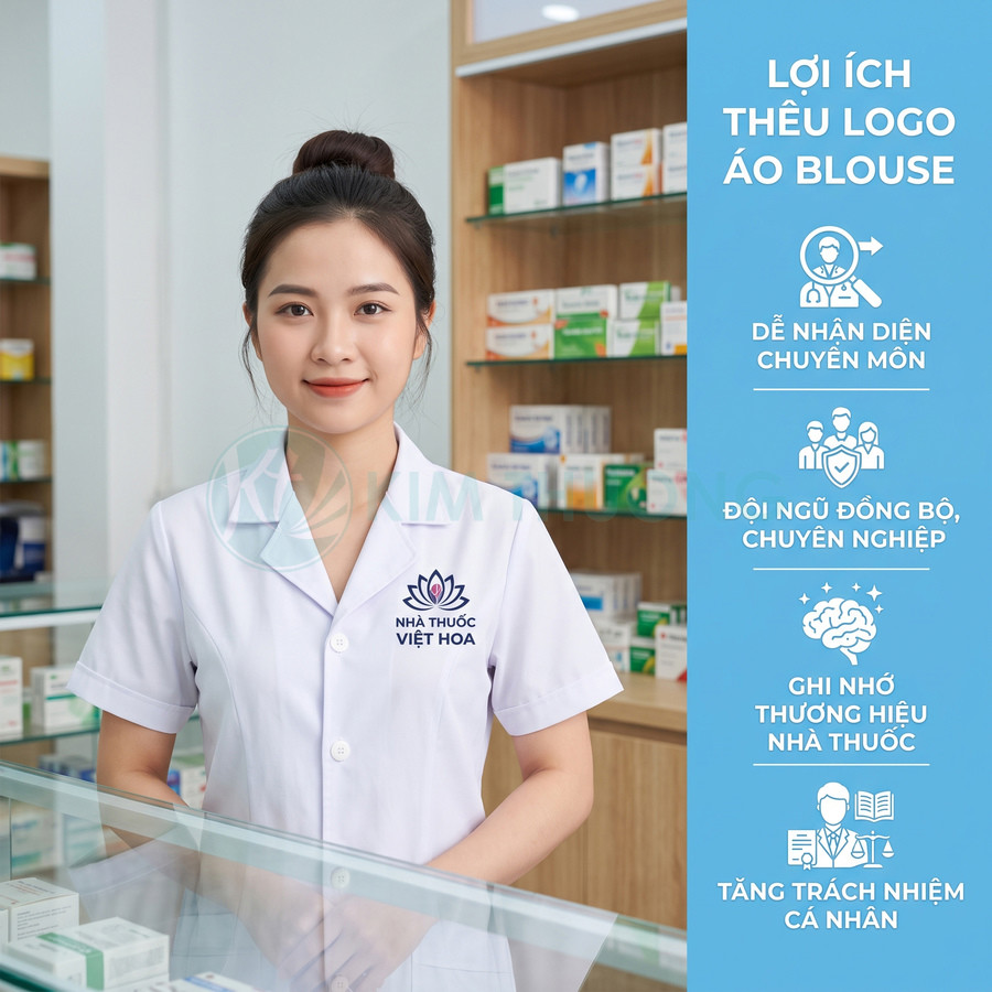 Nữ dược sĩ mặc áo blouse thêu logo Nhà thuốc Việt Hoa đứng tại quầy thuốc hiện đại